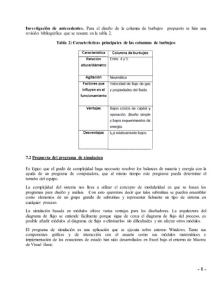 - 8 -
Investigación de antecedentes. Para el diseño de la columna de burbujeo propuesto se hizo una
revisión bibliográfica que se resume en la tabla 2.
Tabla 2: Características principales de las columnas de burbujeo
7.2 Propuesta del programa de simulacion
Es lógico que el grado de complejidad haga necesario resolver los balances de materia y energía con la
ayuda de un programa de computadora, que al mismo tiempo este programa pueda determinar el
tamaño del equipo.
La complejidad del sistema nos lleva a utilizar el concepto de modularidad en que se basan los
programas para diseño y análisis. Con esto queremos decir que tales subrutinas se pueden ensamblar
como elementos de un grupo grande de subrutinas y representar fielmente un tipo de sistema en
cualquier proceso.
La simulación basada en módulos ofrece varias ventajas para los diseñadores. La arquitectura del
diagrama de flujo se entiende fácilmente porque sigue de cerca el diagrama de flujo del proceso, es
posible añadir módulos al diagrama de flujo o eliminarlos sin dificultades y sin afectar otros módulos.
El programa de simulación es una aplicación que se ejecuta sobre entorno Windows. Tanto sus
componentes gráficas y de interacción con el usuario como sus módulos matemáticos e
implementación de las ecuaciones de estado han sido desarrollados en Excel bajo el entorno de Macros
de Visual Basic.
 