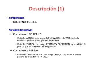 Descripción (1)
• Componentes
– GOBIERNO, PUEBLO.
• Variables descriptivas
– Componente GOBIERNO
• Variable PARTIDO - con rango {CONSERVADOR, LIBERAL}; indica la
tendencia política (ideología) del GOBIERNO.
• Variable POLITICA - con rango {PERMISIVA, COERCITIVA}; indica el tipo de
política que el GOBIERNO está siguiendo.
– Componente PUEBLO
– Variable CONTIENDA·CIVIL - con rango {BAJA, ALTA}; indica el estado
general de malestar del PUEBLO.
 
