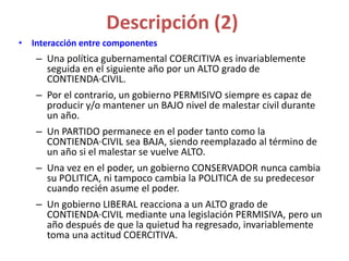 Descripción (2)
• Interacción entre componentes
– Una política gubernamental COERCITIVA es invariablemente
seguida en el siguiente año por un ALTO grado de
CONTIENDA·CIVIL.
– Por el contrario, un gobierno PERMISIVO siempre es capaz de
producir y/o mantener un BAJO nivel de malestar civil durante
un año.
– Un PARTIDO permanece en el poder tanto como la
CONTIENDA·CIVIL sea BAJA, siendo reemplazado al término de
un año si el malestar se vuelve ALTO.
– Una vez en el poder, un gobierno CONSERVADOR nunca cambia
su POLITICA, ni tampoco cambia la POLITICA de su predecesor
cuando recién asume el poder.
– Un gobierno LIBERAL reacciona a un ALTO grado de
CONTIENDA·CIVIL mediante una legislación PERMISIVA, pero un
año después de que la quietud ha regresado, invariablemente
toma una actitud COERCITIVA.
 