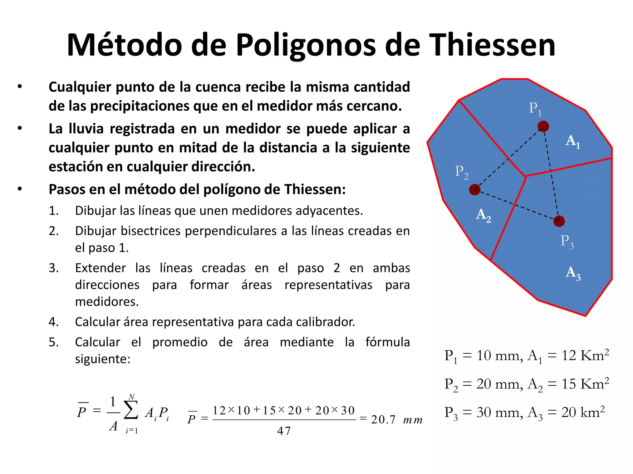 Método de Poligonos de Thiessen
•   Cualquier punto de la cuenca recibe la misma cantidad
    de las precipitaciones que en el medidor más cercano.                             P1
•   La lluvia registrada en un medidor se puede aplicar a
    cualquier punto en mitad de la distancia a la siguiente                                A1
    estación en cualquier dirección.                                       P2
•   Pasos en el método del polígono de Thiessen:
    1.   Dibujar las líneas que unen medidores adyacentes.                      A2
    2.   Dibujar bisectrices perpendiculares a las líneas creadas en
         el paso 1.                                                                        P3
    3.   Extender las líneas creadas en el paso 2 en ambas                                 A3
         direcciones para formar áreas representativas para
         medidores.
    4.   Calcular área representativa para cada calibrador.
    5.   Calcular el promedio de área mediante la fórmula
         siguiente:                                                       P1 = 10 mm, A1 = 12 Km2
                                                                          P2 = 20 mm, A2 = 15 Km2
                   N
               1
         P               Ai Pi   P
                                     12 10   15 20   20 30
                                                             20 . 7 m m
                                                                          P3 = 30 mm, A3 = 20 km2
               A   i 1                        47
 