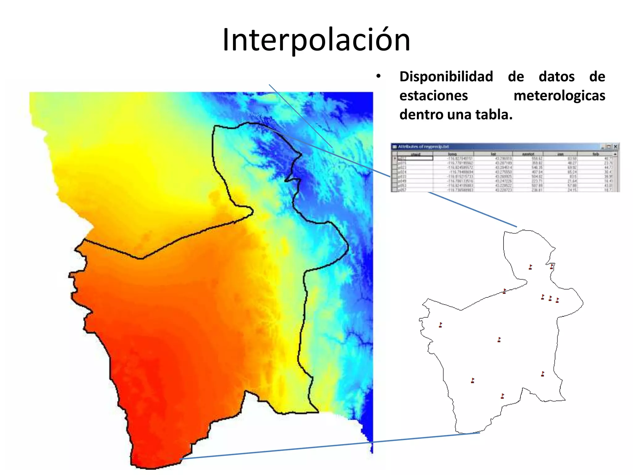 Interpolación
          •   Disponibilidad de datos de
              estaciones        meterologicas
              dentro una tabla.
 