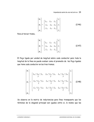 Impedancia serie de una red aérea 28
LEONARDO CARDONA C. UNIVERSIDAD NACIONAL DE COLOMBIA












































I
I
I
LLL
LLL
LLL
=
1
3
2
cccbca
bcbbba
acabaa
1
3
2
ψ
ψ
ψ
(2.46)
Para el tercer tramo,












































I
I
I
LLL
LLL
LLL
=
2
1
3
cccbca
bcbbba
acabaa
2
1
3
ψ
ψ
ψ
(2.47)
El flujo ligado por unidad de longitud sobre cada conductor para toda la
longitud de la línea se puede evaluar como el promedio de los flujo ligados
que tiene cada conductor en los tres tramos.














































































I
I
I
3
L+L+L
3
L+L+L
3
L+L+L
3
L+L+L
3
L+L+L
3
L+L+L
3
L+L+L
3
L+L+L
3
L+L+L
=
3
2
1
ccbbaaacbacbabbcca
caabbcccbbaacbacba
bacbacbccaabccbbaa
3
2
1
ψ
ψ
ψ
(2.48)
Se observa en la matriz de inductancias para línea transpuesta que los
términos de la diagonal principal son iguales entre si, lo mismo que las
 