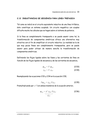 Impedancia serie de una red aérea 30
LEONARDO CARDONA C. UNIVERSIDAD NACIONAL DE COLOMBIA
2.12 INDUCTANCIAS DE SECUENCIA PARA LINEA TRIFASICA
Tal como se indicó en el circuito equivalente inductivo de una línea trifásica,
éste constituye un sistema acoplado. Un circuito magnético con acoples
dificulta mucho los cálculos que se hagan sobre el sistema de potencia.
Si la línea es completamente transpuesta o se puede asumir como tal, la
transformación de componentes simétricas ofrece una alternativa muy
atractiva con el fin de simplificar el circuito inductivo. La realidad es la de
que muy pocas líneas son completamente transpuestas, pero se puede
asumir para poder utilizar de manera sencilla la transformación de
componentes simétricas.
Definiendo los flujos ligados sobre las fases y las corrientes de línea en
función de los flujos ligados de secuencia y de las corrientes de secuencia,
ψψ 012abc .T= (2.53)
I.T=I 012abc (2.54)
Reemplazando las ecuaciones 2.53 y 2.54 en la ecuación 2.50,
I.T.L=T. 012abc012ψ (2.55)
Premultiplicando por T
-1
1 en ambos miembros de la ecuación anterior,
I.T.L.T= 012abc
-1
012ψ (2.56)
L012
 