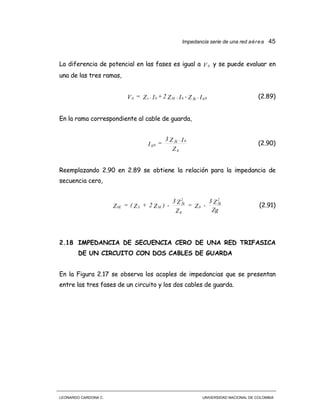 Impedancia serie de una red aérea 45
LEONARDO CARDONA C. UNIVERSIDAD NACIONAL DE COLOMBIA
La diferencia de potencial en las fases es igual a V0 y se puede evaluar en
una de las tres ramas,
I.Z-I.Z2+I.Z=V 0gfg0M0s0 (2.89)
En la rama correspondiente al cable de guarda,
Z
I.Z3
=I
g
0fg
0g (2.90)
Reemplazando 2.90 en 2.89 se obtiene la relación para la impedancia de
secuencia cero,
Zg
Z3
-Z=
Z
Z3
-)Z2+Z(=Z
2
fg
0
g
2
fg
MS0E (2.91)
2.18 IMPEDANCIA DE SECUENCIA CERO DE UNA RED TRIFASICA
DE UN CIRCUITO CON DOS CABLES DE GUARDA
En la Figura 2.17 se observa los acoples de impedancias que se presentan
entre las tres fases de un circuito y los dos cables de guarda.
 