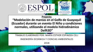 Proyecto:
“Modelación de mareas en el Golfo de Guayaquil
(Ecuador) durante un evento El Niño y condiciones
normales, utilizando el modelo hidrodinámico
Delft3D”
TRABAJO ELABORADO POR: MARÍA ESTHER ESPINOZA CELI
INGENIERÍA OCEÁNICA Y CIENCIAS AMBIENTALES
2018
 