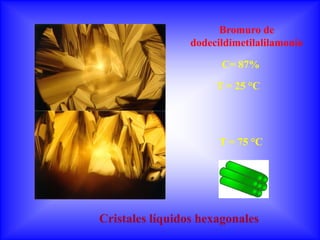 Bromuro de
                 dodecildimetilalilamonio

                       C= 87%

                      T = 25 °C




                       T = 75 °C




Cristales líquidos hexagonales
 
