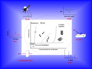 Abs


                                     num de onda
                     PLM               FTIR




                                                 h
dq/d t




         tie mpo
                                                     WAXS
         DSC




               h


               TURBIDIMETRÍA               ppm
                                         RMN
 