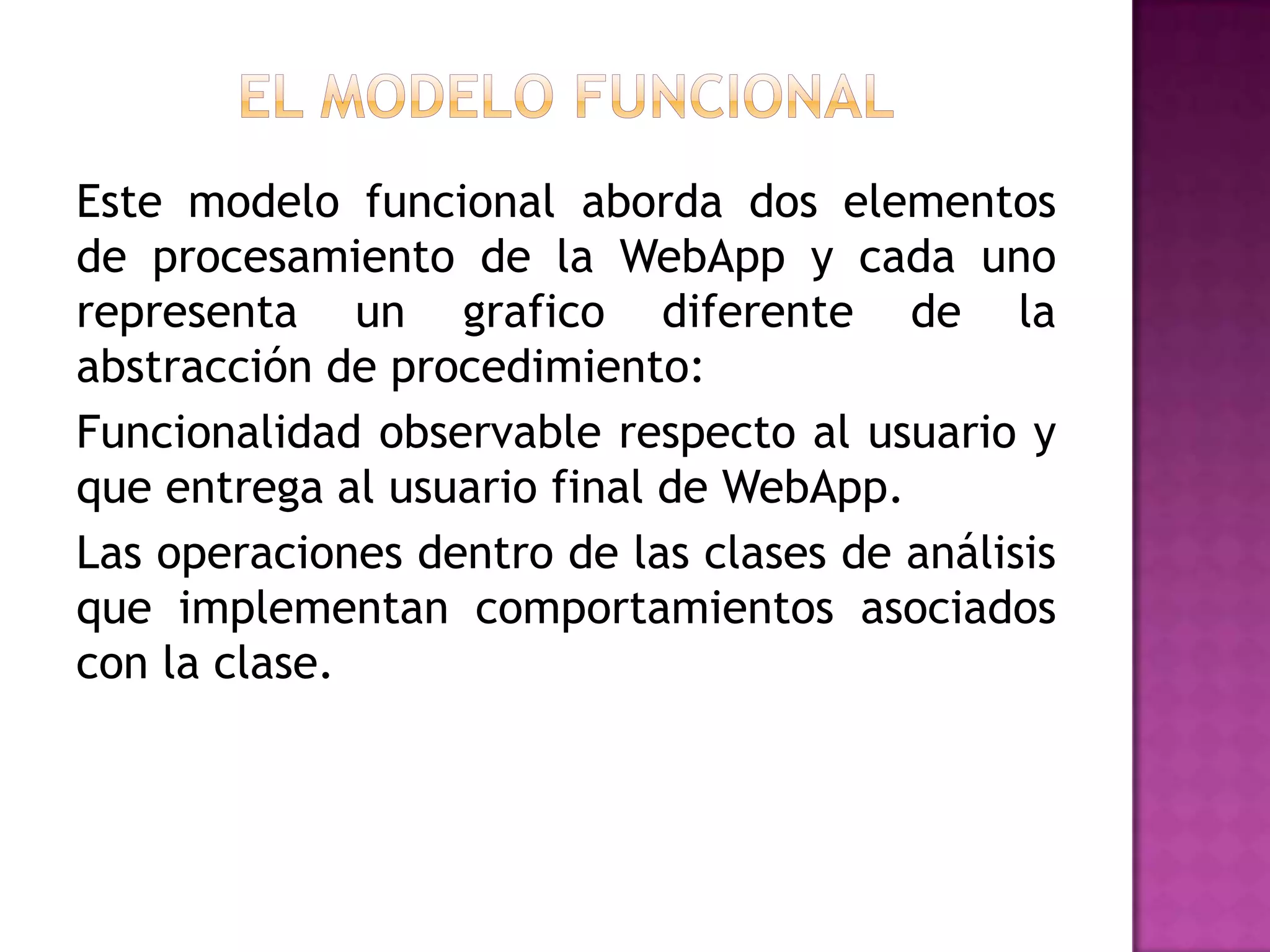 Este modelo funcional aborda dos elementos
de procesamiento de la WebApp y cada uno
representa un grafico diferente de la
abstracción de procedimiento:
Funcionalidad observable respecto al usuario y
que entrega al usuario final de WebApp.
Las operaciones dentro de las clases de análisis
que implementan comportamientos asociados
con la clase.
 