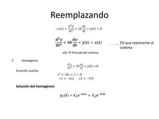 Reemplazando
                                     𝑑2 𝑦      𝑑𝑦
                              −𝑥 𝑡 +      + 10    + 𝑦 𝑡 =0
                                     𝑑𝑡 2      𝑑𝑡

                              𝒅𝟐 𝒚      𝒅𝒚
                                   + 𝟏𝟎    + 𝒚 𝒕 = 𝒙 𝒕              ED que representa al
                              𝒅𝒕 𝟐      𝒅𝒕
                                                                    sistema
                                  x(t)  Entrada del sistema

i)       Homogénea
                                      𝑑2 𝑦          𝑑𝑦
                                             + 10        + 𝑦 𝑡 =0
                                      𝑑𝑡 2          𝑑𝑡
     Ecuación auxiliar
                               𝑠 2 + 10𝑠 + 1 = 0
                                  𝑟1 = −0.1    𝑟2 = −9.9

     Solución del homogéneo

                                 𝒚 𝑪 𝒕 = 𝑪 𝟏 𝒆−𝟎.𝟏𝒕 + 𝑪 𝟐 𝒆−𝟗.𝟗𝒕
 