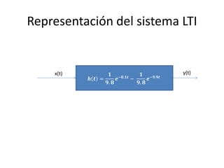 Representación del sistema LTI


    x(t)           𝟏 −𝟎.𝟏𝒕     𝟏 −𝟗.𝟗𝒕   y(t)
           𝒉 𝒕 =      𝒆    −      𝒆
                 𝟗. 𝟖        𝟗. 𝟖
 