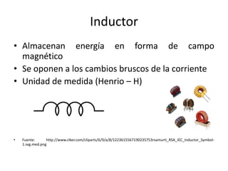 Inductor
• Almacenan energía en forma de campo
  magnético
• Se oponen a los cambios bruscos de la corriente
• Unidad de medida (Henrio – H)




•   Fuente:      http://www.clker.com/cliparts/6/9/a/8/1223615567190235753rsamurti_RSA_IEC_Inductor_Symbol-
    1.svg.med.png
 