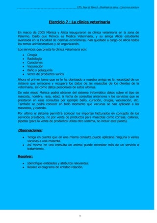 UPS- Base de Datos I --Modelado de datos – Ejercicios prácticos




                       Ejercicio 7 : La clínica veterinaria

En marzo de 2005 Mónica y Alicia inauguraron su clínica veterinaria en la zona de
Palermo. Dado que Mónica es Medica Veterinaria, y su amiga Alicia estudiante
avanzada en la Facultad de ciencias económicas, han quedado a cargo de Alicia todos
los temas administrativos y de organización.
Los servicios que presta la clínica veterinaria son:
       Cirugía
       Radiología
       Curaciones
       Vacunación
       Baño y peluquería
       Venta de productos varios
Ahora el primer tema que se le ha planteado a nuestra amiga es la necesidad de un
sistema que almacene y recupere los datos de las mascotas de los clientes de la
veterinaria, así como datos personales de estos últimos.
De este modo Mónica podrá obtener del sistema informático datos sobre el tipo de
mascota, nombre, raza, edad, la fecha de consultas anteriores y los servicios que se
prestaron en esas consultas por ejemplo baño, curación, cirugía, vacunación, etc.
También se podrá conocer en todo momento que vacunas se han aplicado a las
mascotas, y cuando.
Por ultimo el sistema permitirá conocer los importes facturados en concepto de los
servicios prestados, no por venta de productos para mascotas como correas, collares,
pipetas (para la venta de productos utiliza otro sistema, no incluir este punto).

Observaciones:

       Tenga en cuenta que en una misma consulta puede aplicarse ninguna o varias
       vacunas a una mascota.
       Así mismo en una consulta un animal puede necesitar más de un servicio o
       tratamiento.

Resolver:

       Identifique entidades y atributos relevantes.
       Realice el diagrama de entidad relación.




                                              9
 
