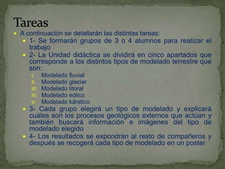  A continuación se detallarán las distintas tareas:
    1- Se formarán grupos de 3 o 4 alumnos            para realizar el
     trabajo
    2- La Unidad didáctica se dividirá en cinco apartados que
     corresponde a los distintos tipos de modelado terrestre que
     son:
      I.     Modelado fluvial
      II.    Modelado glaciar
      III.   Modelado litoral
      IV.    Modelado eólico
      V.     Modelado kárstico
    3- Cada grupo elegirá un tipo de modelado y explicará
     cuáles son los procesos geológicos externos que actúan y
     también buscará información e imágenes del tipo de
     modelado elegido
    4- Los resultados se expondrán al resto de compañeros y
     después se recogerá cada tipo de modelado en un poster
 