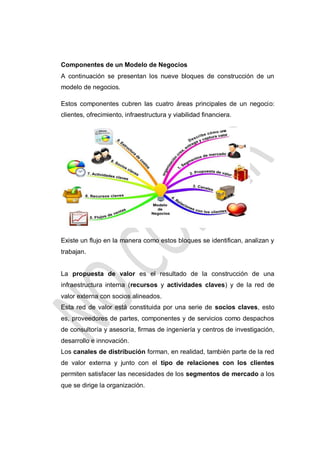 Componentes de un Modelo de Negocios
A continuación se presentan los nueve bloques de construcción de un
modelo de negocios.
Estos componentes cubren las cuatro áreas principales de un negocio:
clientes, ofrecimiento, infraestructura y viabilidad financiera.

Existe un flujo en la manera como estos bloques se identifican, analizan y
trabajan.
La propuesta de valor es el resultado de la construcción de una
infraestructura interna (recursos y actividades claves) y de la red de
valor externa con socios alineados.
Esta red de valor está constituida por una serie de socios claves, esto
es, proveedores de partes, componentes y de servicios como despachos
de consultoría y asesoría, firmas de ingeniería y centros de investigación,
desarrollo e innovación.
Los canales de distribución forman, en realidad, también parte de la red
de valor externa y junto con el tipo de relaciones con los clientes
permiten satisfacer las necesidades de los segmentos de mercado a los
que se dirige la organización.

 