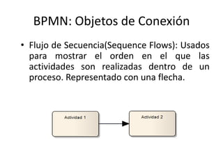BPMN: Objetos de Conexión
• Flujo de Secuencia(Sequence Flows): Usados
  para mostrar el orden en el que las
  actividades son realizadas dentro de un
  proceso. Representado con una flecha.
 