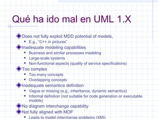 Qué ha ido mal en UML 1.X
Does not fully exploit MDD potential of models,
 E.g., “C++ in pictures”
Inadequate modeling capabilities
 Business and similar processes modeling
 Large-scale systems
 Non-functional aspects (quality of service specifications)
Too complex
 Too many concepts
 Overlapping concepts
Inadequate semantics definition
 Vague or missing (e.g., inheritance, dynamic semantics)
 Informal definition (not suitable for code generation or executable
models)
No diagram interchange capability
Not fully aligned with MOF
 Leads to model interchange problems (XMI)
 