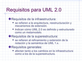Requisitos para UML 2.0
Requisitos de la infraestructura:
 se refieren a la arquitectura, reestructuración y
mecanismos de extensión.
 Indican cómo UML 2.0 es definido y estructurado
como un metamodelo.
Requisitos de la superestructura:
 se refieren al refinamiento y extensión de la
notación y la semántica de UML 1.x.
Requisitos generales:
 afectan tanto a los cambios en la infraestructura
como a los de la superestructura.
 
