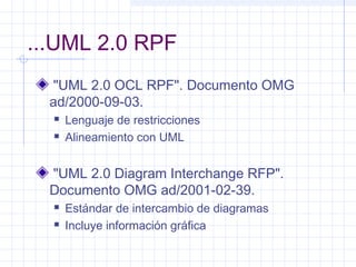 ...UML 2.0 RPF
"UML 2.0 OCL RPF". Documento OMG
ad/2000-09-03.
 Lenguaje de restricciones
 Alineamiento con UML
"UML 2.0 Diagram Interchange RFP".
Documento OMG ad/2001-02-39.
 Estándar de intercambio de diagramas
 Incluye información gráfica
 