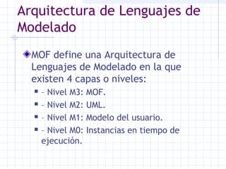 Arquitectura de Lenguajes de
Modelado
MOF define una Arquitectura de
Lenguajes de Modelado en la que
existen 4 capas o niveles:
 – Nivel M3: MOF.
 – Nivel M2: UML.
 – Nivel M1: Modelo del usuario.
 – Nivel M0: Instancias en tiempo de
ejecución.
 