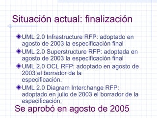 Situación actual: finalización
UML 2.0 Infrastructure RFP: adoptado en
agosto de 2003 la especificación final
UML 2.0 Superstructure RFP: adoptada en
agosto de 2003 la especificación final
UML 2.0 OCL RFP: adoptado en agosto de
2003 el borrador de la
especificación,
UML 2.0 Diagram Interchange RFP:
adoptado en julio de 2003 el borrador de la
especificación,
Se aprobó en agosto de 2005
 
