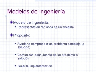 Modelos de ingeniería
Modelo de ingeniería:
 Representación reducida de un sistema
Propósito:
 Ayudar a comprender un problema complejo (o
solución)
 Comunicar ideas acerca de un problema o
solución
 Guiar la implementación
 