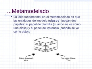 ...Metamodelado
 La idea fundamental en el metamodelado es que
las entidades del modelo (clases) juegan dos
papeles: el papel de plantilla (cuando se ve como
una clase) y el papel de instancia (cuando se ve
como objeto
 