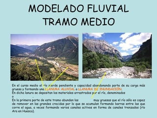 MODELADO FLUVIAL TRAMO MEDIO En el curso medio el río pierde pendiente y capacidad abandonando parte de su carga más gruesa y formando una  LLANURA ALUVIAL  o  LLANURA  DE INUNDACIÓN .  En dicha lanura se depositan los materiales arrastrados por el río, denominados  ALUVIONES  o  ALUVIALES . En la primera parte de este tramo abundan las  GRAVAS  muy gruesas que el río sólo es capaz de remover en las grandes crecidas por lo que se acumulan formando barras entre las que corre el agua, a veces formando varios canales activos en forma de canales trenzados (río Ara en Huesca). 