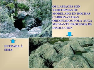 ENTRADA Á SIMA  OS LAPIACES SON XEOFORMAS DE MODELADO EN ROCHAS CARBONATADAS ORIXINADOS POLA AUGA MEDIANTE PROCESOS DE DISOLUCIÓN   