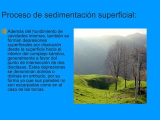 Proceso de sedimentación superficial: Además del hundimiento de cavidades internas, también se forman depresiones superficiales por disolución desde la superficie hacia el interior del complejo kárstico, generalmente a favor del punto de intersección de dos diaclasas. Estas depresiones se denominan dolinas o dolinas   en   embudo, por su forma ya que sus paredes no son escarpadas como en el caso de las torcas.  