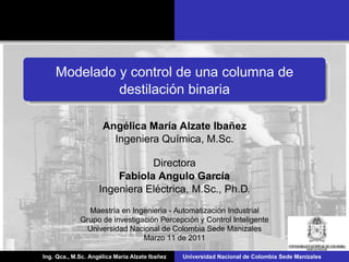 Modelado y control de una columna de
destilación binaria
Angélica Marı́a Alzate Ibañez
Ingeniera Quı́mica, M.Sc.
Directora
Fabiola Angulo Garcı́a
Ingeniera Eléctrica, M.Sc., Ph.D.
Maestrı́a en Ingenierı́a - Automatización Industrial
Grupo de investigación Percepción y Control Inteligente
Universidad Nacional de Colombia Sede Manizales
Marzo 11 de 2011
Ing. Qca., M.Sc. Angélica Marı́a Alzate Ibañez Universidad Nacional de Colombia Sede Manizales
 