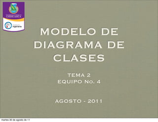 MODELO DE
                            DIAGRAMA DE
                               CLASES
                                TEMA 2
                              EQUIPO No. 4


                              AGOSTO - 2011

martes 30 de agosto de 11
 