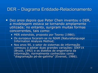 Dez anos depois que Peter Chen inventou o DER, a modelagem estava se tornando amplamente utilizada; no entanto, surgiram muitas formas concorrentes, tais como: MER estendido, proposto por Teorey (1986); Os europeus focaram-se no NIAM (Naturallanguage Information Analysis Method; Nos anos 90, o setor de sistemas de informação começou a adotar duas grandes variações: IDEF1X (Bruce, 1992) e os dialetos de engenharia da informação, normalmente conhecidos como “diagramação pé-de-galinha” (Everest, 1986). DER – Diagrama Entidade-Relacionamento 