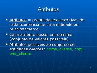 Atributos Atributos  = propriedades descritivas de cada ocorrência de uma entidade ou relacionamento. Cada atributo possui um domínio (conjunto de valores possíveis). Atributos possíveis ao conjunto de entidades  clientes:   nome_cliente ,  cnpj ,  end_cliente . 