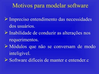 Motivos para modelar software Impreciso entendimento das necessidades dos usuários. Inabilidade de conduzir as alterações nos requerimentos. Módulos que não se conversam de modo inteligível. Software difíceis de manter e entender.c 
