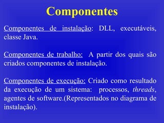 Componentes Componentes de instalação : DLL, executáveis, classe Java. Componentes de trabalho:   A partir dos quais são criados componentes de instalação. Componentes de execução:  Criado como resultado da execução de um sistema:  processos,  threads , agentes de software.(Representados no diagrama de instalação). 