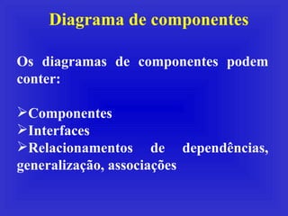 Diagrama de componentes <ul><li>Os diagramas de componentes podem conter: </li></ul><ul><li>Componentes </li></ul><ul><li>...
