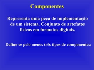 Componentes Representa uma peça de implementação de um sistema. Conjunto de artefatos físicos em formatos digitais. Define...
