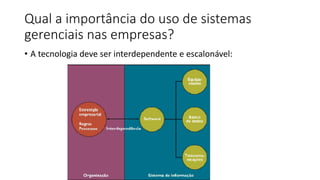 Qual a importância do uso de sistemas
gerenciais nas empresas?
• A tecnologia deve ser interdependente e escalonável:
 