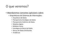 O que veremos?
• Abordaremos conceitos aplicáveis sobre:
• Arquiteturas de Sistemas de Informações:
• Arquitetura de Dados
• Planejamento Estratégico de Dados
• Planejamento Sistêmico de Dados
• Modelos lógicos
• Modelos Físicos
• Estratégias de Banco de Dados
• Bancos de Dados Distribuídos
• Tendências
 