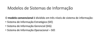 Modelos de Sistemas de Informação
O modelo convencional é dividido em três níveis de sistema de informação:
• Sistema de Informação Estratégico (SIE)
• Sistema de Informação Gerencial (SIG)
• Sistema de Informação Operacional – SIO
 