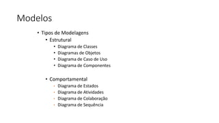 Modelos
• Tipos de Modelagens
• Estrutural
• Diagrama de Classes
• Diagramas de Objetos
• Diagrama de Caso de Uso
• Diagrama de Componentes
• Comportamental
• Diagrama de Estados
• Diagrama de Atividades
• Diagrama de Colaboração
• Diagrama de Sequência
 