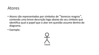Atores
• Atores são representados por símbolos de “bonecos magros”,
contendo uma breve descrição logo abaixo do seu símbolo que
identifica qual o papel que o ator em questão assume dentro do
diagrama.
• Exemplo:
Cliente
 