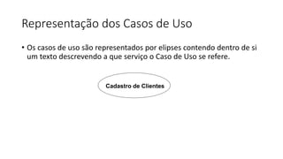 Representação dos Casos de Uso
• Os casos de uso são representados por elipses contendo dentro de si
um texto descrevendo a que serviço o Caso de Uso se refere.
Cadastro de Clientes
 