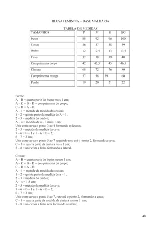 40
BLUSA FEMININA – BASE MALHARIA
TABELA DE MEDIDAS
TAMANHOS P M G GG
busto 88 92 96 100
Costas 36 37 38 39
Ombro 12 12,5 13 13,5
Cava 37 38 39 40
Comprimento corpo 42 43,5 45 46,5
Cintura 68 72 76 80
Comprimento manga 57 58 59 60
Punho 19 20 21 22
Frente:
A – B = quarta parte do busto mais 1 cm;
A – C = B – D = comprimento do corpo;
C – D = A – B;
A – 1 = metade da medida das costas;
1 – 2 = quinta parte da medida de A – 1;
2 – 3 = medida do ombro;
A – 4 = medida de a – 3 mais 1 cm;
Unir com curva o ponto 3 ao 4 formando o decote;
2 – 5 = metade da medida da cava;
5 – 6 = B – 1 e 1 – 6 = B – 5;
6 – 7 = 3 cm;
Unir com curva o ponto 5 ao 7 seguindo reto até o ponto 2, formando a cava;
C – 8 = quarta parte da cintura mais 1 cm;
5 – 8 = unir com a linha formando a lateral.
Costas:
A – B = quarta parte do busto menos 1 cm;
A – C = B – D = comprimento do corpo;
C – D = A – B;
A – 1 = metade da medida das costas;
1 – 2 = quinta parte da medida de a – 1;
2 – 3 = medida do ombro;
A – 4 = 1,5 cm;
2 – 5 = metade da medida da cava;
5 – 6 = B – 1 e 1 – 6 = B – 5;
6 – 7 = 3 cm;
Unir com curva o ponto 5 ao 7, reto até o ponto 2, formando a cava;
C – 8 = quarta parte da medida da cintura menos 1 cm;
5 – 8 = unir com a linha reta formando a lateral;
 