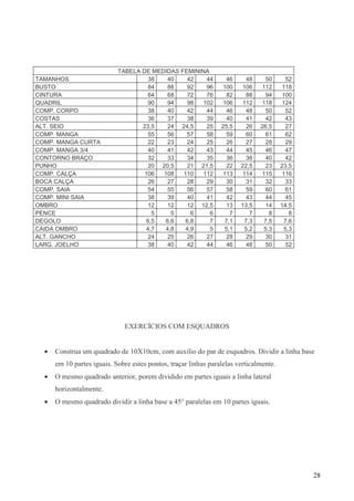 28
TABELA DE MEDIDAS FEMININA
TAMANHOS 38 40 42 44 46 48 50 52
BUSTO 84 88 92 96 100 106 112 118
CINTURA 64 68 72 76 82 88 94 100
QUADRIL 90 94 98 102 106 112 118 124
COMP. CORPO 38 40 42 44 46 48 50 52
COSTAS 36 37 38 39 40 41 42 43
ALT. SEIO 23,5 24 24,5 25 25,5 26 26,5 27
COMP. MANGA 55 56 57 58 59 60 61 62
COMP. MANGA CURTA 22 23 24 25 26 27 28 29
COMP. MANGA 3/4 40 41 42 43 44 45 46 47
CONTORNO BRAÇO 32 33 34 35 36 38 40 42
PUNHO 20 20,5 21 21,5 22 22,5 23 23,5
COMP. CALÇA 106 108 110 112 113 114 115 116
BOCA CALÇA 26 27 28 29 30 31 32 33
COMP. SAIA 54 55 56 57 58 59 60 61
COMP. MINI SAIA 38 39 40 41 42 43 44 45
OMBRO 12 12 12 12,5 13 13,5 14 14,5
PENCE 5 5 6 6 7 7 8 8
DEGOLO 6,5 6,6 6,8 7 7,1 7,3 7,5 7,6
CAIDA OMBRO 4,7 4,8 4,9 5 5,1 5,2 5,3 5,3
ALT. GANCHO 24 25 26 27 28 29 30 31
LARG. JOELHO 38 40 42 44 46 48 50 52
EXERCÍCIOS COM ESQUADROS
• Construa um quadrado de 10X10cm, com auxilio do par de esquadros. Dividir a linha base
em 10 partes iguais. Sobre estes pontos, traçar linhas paralelas verticalmente.
• O mesmo quadrado anterior, porem dividido em partes iguais a linha lateral
horizontalmente.
• O mesmo quadrado dividir a linha base a 45° paralelas em 10 partes iguais.
 