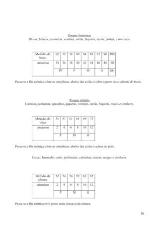 30
Roupas femininas
Blusas, blazers, camisetas, vestidos, sutiãs, biquínis, maiôs, colans, e similares.
Medidas do
busto
68 72 76 80 84 88 92 96 100
34 36 38 40 42 44 46 48 50tamanhos
PP P M G GG
Passa-se a fita métrica sobre as omoplatas, abaixo das axilas e sobre a parte mais saliente do busto.
Roupas infantis
Camisas, camisetas, agasalhos, jaquetas, vestidos, sutiãs, biquínis, maiôs e similares.
Medidas do
tórax
53 57 61 65 69 73
2 4 6 8 10 12tamanhos
P M G
Passa-se a fita métrica sobre as omoplatas, abaixo das axilas e acima do peito.
Calças, bermudas, saias, jardineiras, calcinhas, cuecas, sungas e similares.
Medidas da
cintura
52 54 56 59 62 65
2 4 6 8 10 12tamanhos
P M G
Passa-se a fita métrica pelo ponto mais côncavo da cintura.
 