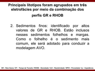 2. Sedimentos finos: identificado por altos
valores de GR e RHOB. Estão inclusos
nesses sedimentos folhelhos e margas.
Como o folhelho é o sedimento mais
comum, ele será adotado para conduzir a
modelagem AVO.
Principais litotipos foram agrupados em três
eletrofácies por meio da combinação dos
perfis GR e RHOB
GR – Raio Gama / DT – Tempo de Transito / RHOB – Densidade / ILD – Resistividade / NPHI – Porosidade / Ip – Impedância.
 