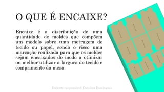 Encaixe é a distribuição de uma
quantidade de moldes que compõem
um modelo sobre uma metragem de
tecido ou papel, sendo o risco uma
marcação realizada para que os moldes
sejam encaixados de modo a otimizar
ou melhor utilizar a largura do tecido e
comprimento da mesa.
Docente responsável: Carolina Domingues
 