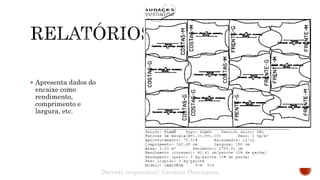  Apresenta dados do
encaixe como
rendimento,
comprimento e
largura, etc.
Docente responsável: Carolina Domingues
 