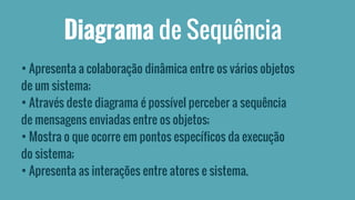 Diagrama de Sequência 
• Apresenta a colaboração dinâmica entre os vários objetos 
de um sistema; 
• Através deste diagrama é possível perceber a sequência 
de mensagens enviadas entre os objetos; 
• Mostra o que ocorre em pontos específicos da execução 
do sistema; 
• Apresenta as interações entre atores e sistema. 
 